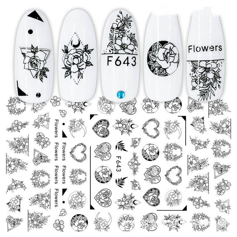 3D Nail Stickers – Black & White Rose Heart Ink Nail Decals